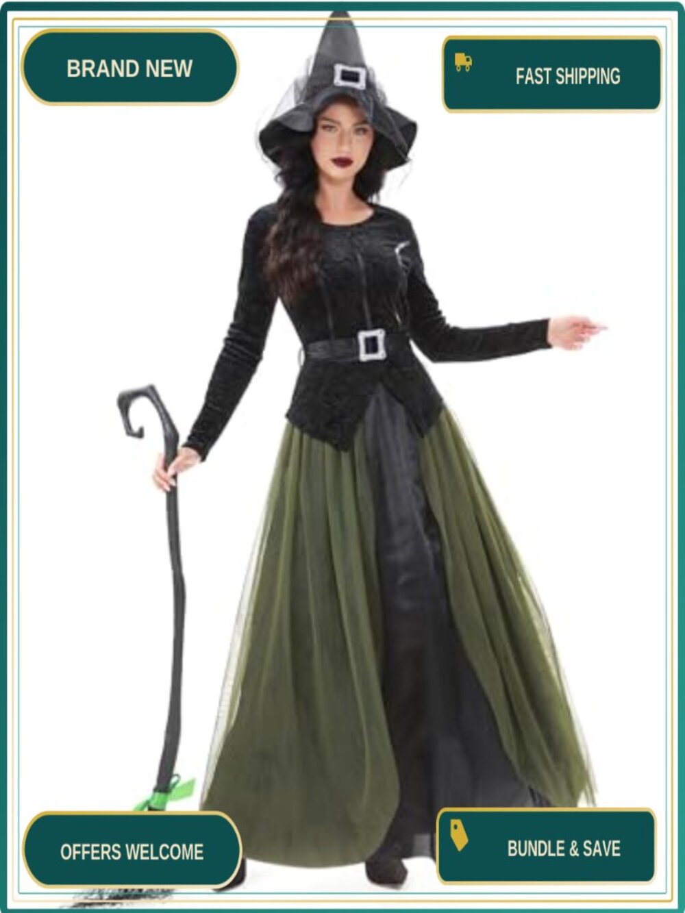 Witch Costume Set with Dress Hat Belt Halloween Cosplay